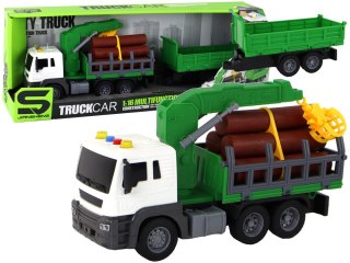 LEAN Toys Ciężarówka Z Dźwigiem Przyczepą Napęd Frykcyjny Dźwięki Zielona Drewno 1:16