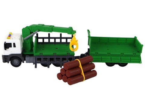 LEAN Toys Ciężarówka Z Dźwigiem Przyczepą Napęd Frykcyjny Dźwięki Zielona Drewno 1:16