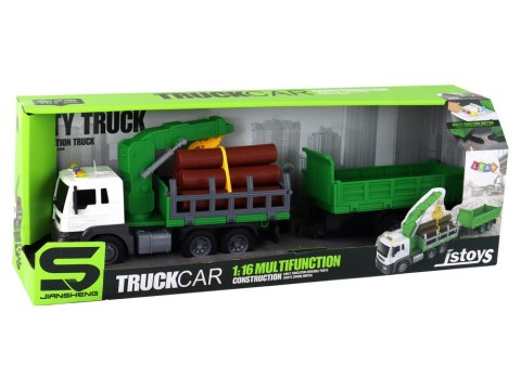 LEAN Toys Ciężarówka Z Dźwigiem Przyczepą Napęd Frykcyjny Dźwięki Zielona Drewno 1:16