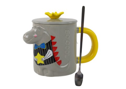 LEAN Toys Kubek Ceramiczny z Pokrywką Szary Dinozaur 400 ml