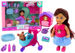 LEAN Toys Laleczka Z Psami Lalka Piesek Buda Akcesoria Różowe Szczeniak 16 ele.