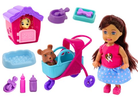 LEAN Toys Laleczka Z Psami Lalka Piesek Buda Akcesoria Różowe Szczeniak 16 ele.