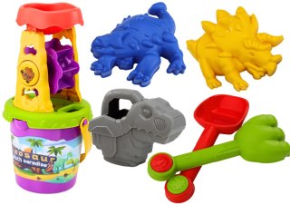 LEAN Toys Zestaw Do Piasku Dinozaur Młynek Lejek Łopatka Grabki Konewka Foremki