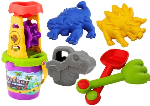 LEAN Toys Zestaw Do Piasku Dinozaur Młynek Lejek Łopatka Grabki Konewka Foremki