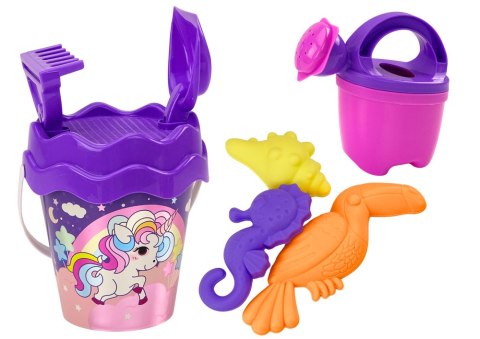 LEAN Toys Zestaw Do Piasku Wiaderko Łopatka Grabki Konewka Jednorożec Fioletowy
