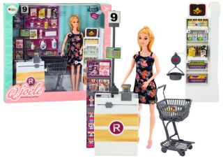 LEAN Toys Zestaw Lalka W Supermarkecie Regały Koszyk Sklepowy Produkty Spożywcze