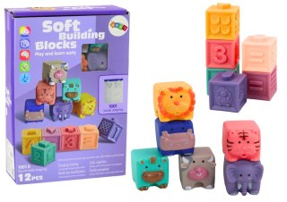LEAN Toys Miękkie Klocki Edukacyjne Zwierzęta Liczby Litery Kolorowe 12 Szt