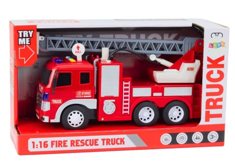 LEAN Toys Wóz Strażacki Z Wysięgnikiem 1:16 Światła Dźwięki Woda Napęd Czerwony