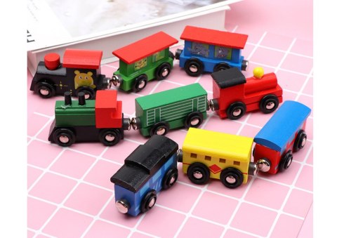 LEAN Toys Zestaw Drewniane Pociągi Lokomotywy Na Magnes 12 Szt