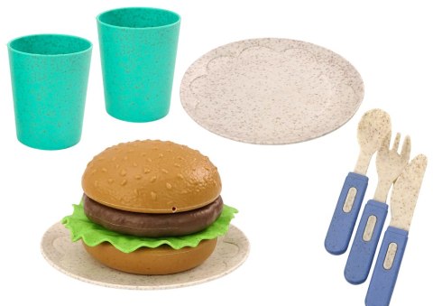 LEAN Toys Zestaw Naczyń Talerzyki Kubeczki Dzbanek Hamburger Sztućce 11 El