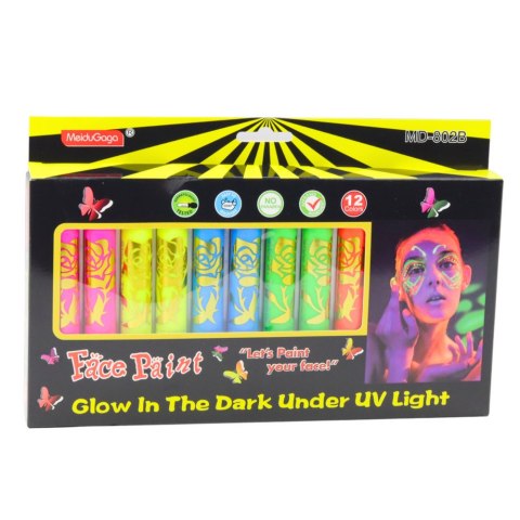 LEAN Zestaw Do Malowania Twarzy Pisaki Kredki Neonowe UV Fluorescencyjne 12szt