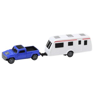 LEAN Toys Zestaw Samochód Metalowy Z Kamperem Przyczepa Niebieski