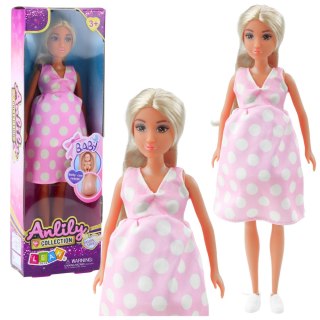 LEAN Toys Lalka Anlily W Ciąży Jasno Różowa W Kropki Sukienka Długie Włosy