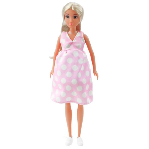 LEAN Toys Lalka Anlily W Ciąży Jasno Różowa W Kropki Sukienka Długie Włosy