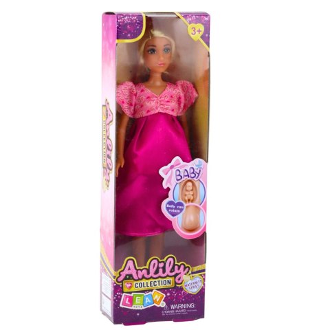 LEAN Toys Lalka Anlily W Ciąży Różowa Sukienka Satynowa Długie Włosy