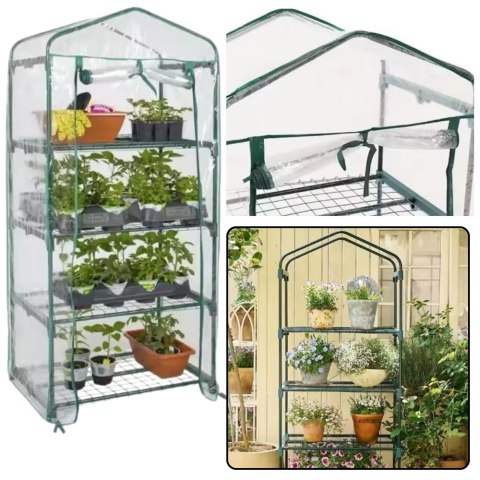 LEAN Mini Szklarnia Balkonowa Ogrodowa 4 Półki Metalowe Folia PVC 69 x 49 x 157cm