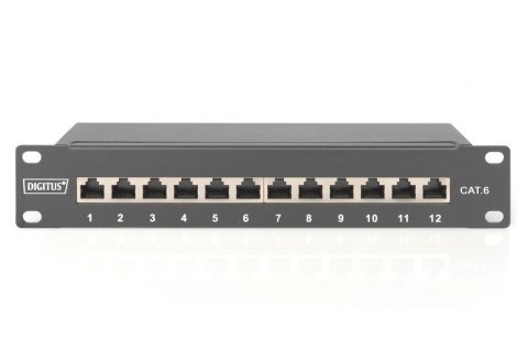 Patch panel 10" 12 portów, kat.6, S/FTP, 1U, wspornik kablowy, czarny (kompletny) Digitus