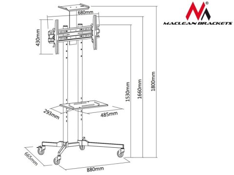Profesjonalny stand wózek do telewizora na kółkach Maclean MC-661 max 55kg max 600x400 Maclean