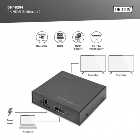 Rozdzielacz/Splitter HDMI 2-portowy, 4K 30Hz UHD 3D, HDCP 1.3, audio Digitus