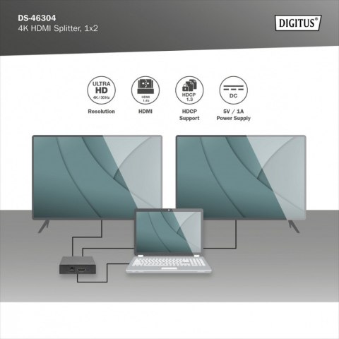 Rozdzielacz/Splitter HDMI 2-portowy, 4K 30Hz UHD 3D, HDCP 1.3, audio Digitus