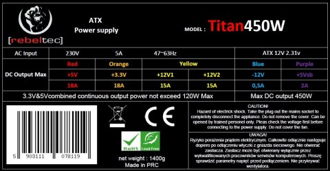 Zasilacz uniwersalny komputerowy ATX ver. 2.31 TITAN 450 Rebeltec Zasilacz uniwersalny komputerowy ATX ver. 2.31 TITAN 450 Rebeltec