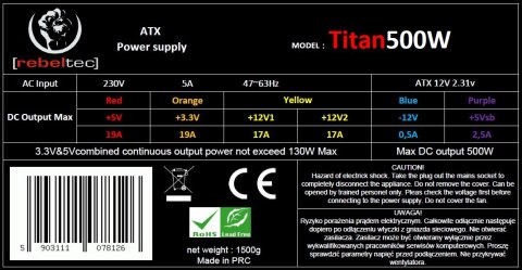 Zasilacz uniwersalny komputerowy ATX ver. 2.31 TITAN 500 Rebeltec Zasilacz uniwersalny komputerowy ATX ver. 2.31 TITAN 500 Rebeltec