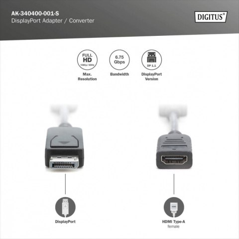 Kabel adapter Displayport z zatrzaskiem 1080p 60Hz FHD Typ DP/HDMI A M/Ż czarny 0,15m Digitus