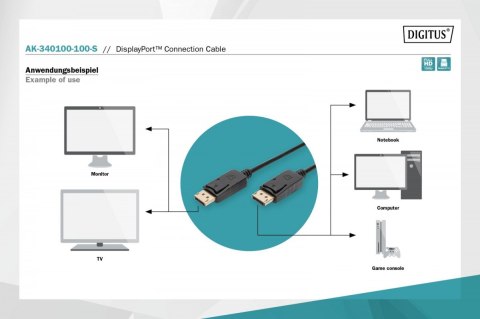 Kabel połączeniowy DisplayPort z zatrzaskami 1080p 60Hz FHD Typ DP/DP M/M 10m Czarny Digitus