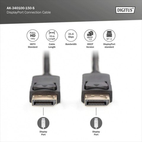 Kabel połączeniowy DisplayPort z zatrzaskami 1080p 60Hz FHD Typ DP/DP M/M czarny 15m Digitus