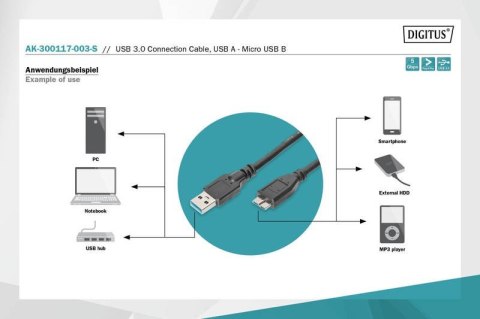 Kabel połączeniowy USB 3.1 Gen.1 SuperSpeed 5Gbps Typ USB A/microUSB B M/M czarny 0,25m Digitus