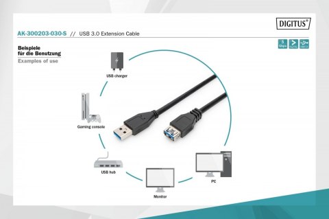 Kabel przedłużający USB 3.1 Gen.1 SuperSpeed 5Gbps Typ USB A/USB A M/Ż 3m Czarny Digitus