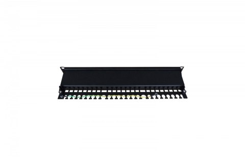 Panel krosowy (patch panel) 19'' 24x RJ45, kat.6, ekranowany, LSA poziom, prowadnica kabli, pola opisowe, 1U, czarny (kompletny) Digitus