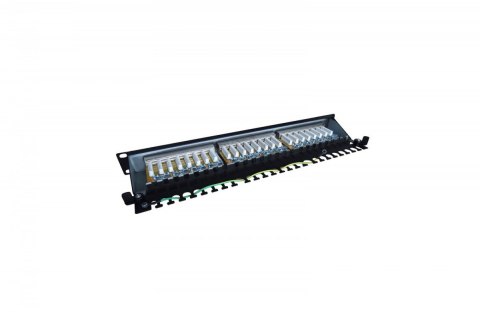 Panel krosowy (patch panel) 19'' 24x RJ45, kat.6, ekranowany, LSA poziom, prowadnica kabli, pola opisowe, 1U, czarny (kompletny) Digitus