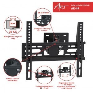 Uchwyt do LCD/LED 22-47" 30KG AR-49 regulowany wpionie i poziomie ART Uchwyt do LCD/LED 22-47" 30KG AR-49 regulowany wpionie i poziomie ART