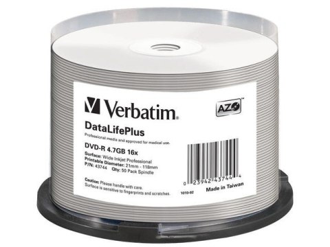 DVD-R 16x 4.7GB 50P CB Printable AZO DL+ NO ID Verbatim