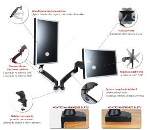Uchwyt biurkowy na sprężynie gazowej do 2 monitorów LED/LCD 13-27 cali L-13GD ART Uchwyt biurkowy na sprężynie gazowej do 2 monitorów LED/LCD 13-27 cali L-13GD ART