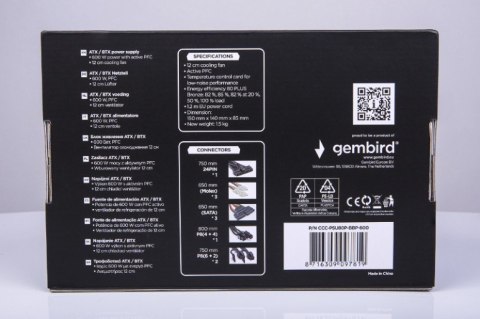 Zasilacz ATX 600W aktywne PFC 12 cm fan 80+Bronze color box Gembird