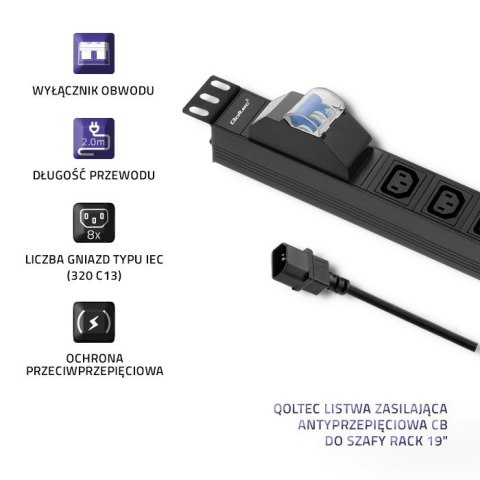 Listwa zasilająca do Rack 19cali | circuit breaker | 1U | 10A | PDU | 8xIEC C13 | 2m Qoltec