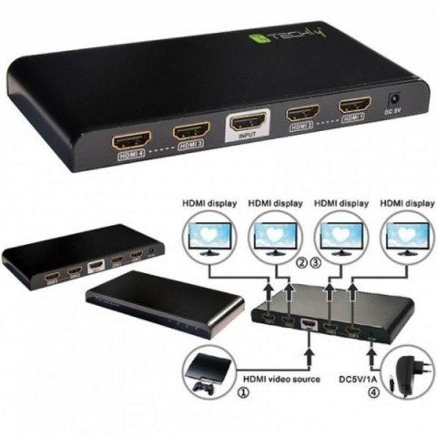 Rozdzielacz-splitter AV HDMI 2.0 1/4 Ultra HD 4Kx2K 3D Techly Rozdzielacz-splitter AV HDMI 2.0 1/4 Ultra HD 4Kx2K 3D Techly