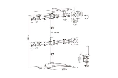 Stojak biurkowy poczwórny, 4xLCD, max. 27", max. obciążenie 8kg, uchylno-obrotowy 360° (PIVOT) Digitus