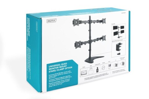 Stojak biurkowy poczwórny, 4xLCD, max. 27", max. obciążenie 8kg, uchylno-obrotowy 360° (PIVOT) Digitus