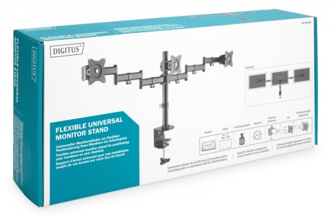 Stojak biurkowy potrójny z zaciskiem, 3xLCD, max. 27, max. obciążenie 8kg, uchylno-obrotowy 360 Digitus