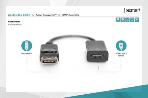 Kabel adapter DisplayPort z zatrzaskiem 1080p 60Hz FHD Typ DP/HDMI A M/Ż 0,2m Czarny Digitus