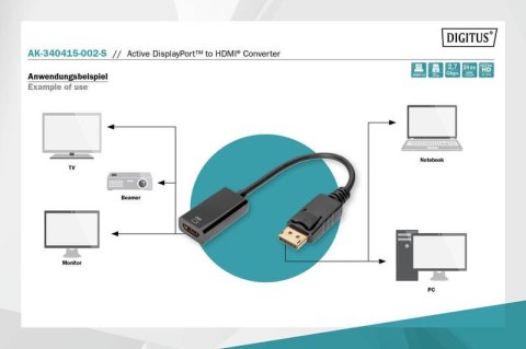 Kabel adapter DisplayPort z zatrzaskiem 1080p 60Hz FHD Typ DP/HDMI A M/Ż 0,2m Czarny Digitus