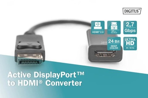 Kabel adapter DisplayPort z zatrzaskiem 1080p 60Hz FHD Typ DP/HDMI A M/Ż 0,2m Czarny Digitus