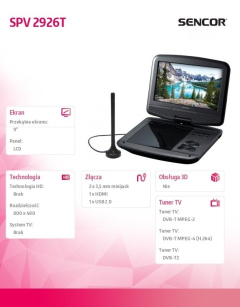 Telewizor przenośny 9 SPV 7926T z DVD, Tuner DVB-T MPEG4 Sencor Telewizor przenośny 9 SPV 7926T z DVD, Tuner DVB-T MPEG4 Sencor