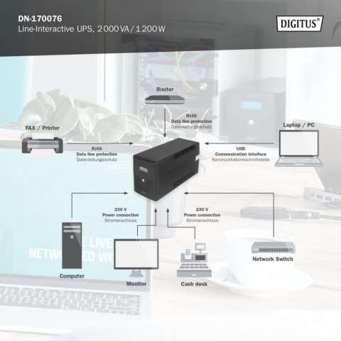 Zasilacz awaryjny UPS Line-Ineractive LCD, 2000VA/1200W, 2x12V/9Ah, AVR, 4xSCHUKO, USB, RS232, RJ45 Digitus