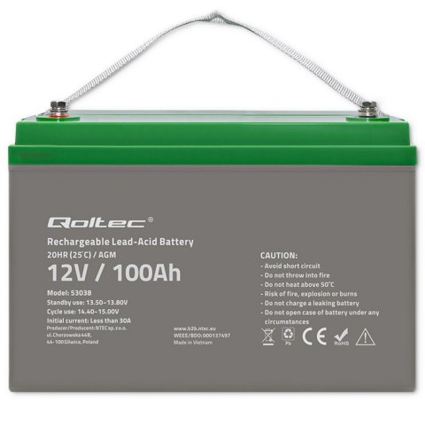 Akumulator AGM | 12V | 100Ah | max.30A Qoltec Akumulator AGM | 12V | 100Ah | max.30A Qoltec