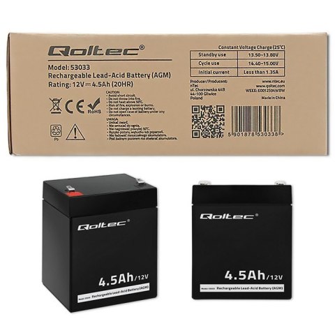 Akumulator AGM | 12V | 4.5Ah | max.1.35A Qoltec Akumulator AGM | 12V | 4.5Ah | max.1.35A Qoltec
