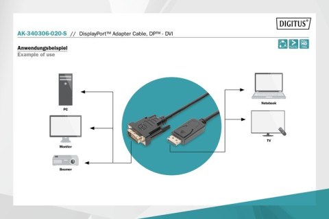 Kabel DisplayPort z zatrzaskiem 1080p 60Hz FHD Typ DP/DVI-D (24+1) M/M 2m Digitus